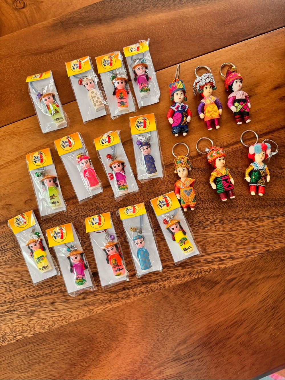 19 mini dolls from Southeast Asia. 13 ornaments. 6 dolls on key rings.
